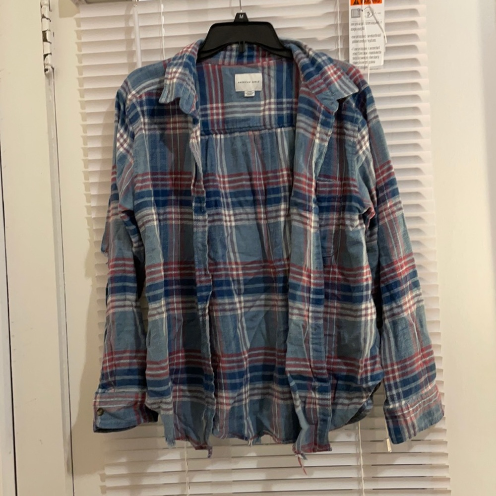 American Eagle Blue Red White Distressed Flannel!